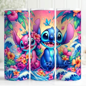 May include: A set of three tall, cylindrical tumblers featuring a vibrant tropical design. The artwork showcases the characters Stitch and Angel amidst colorful flowers, ocean waves, and lush foliage in shades of pink, blue, and green.
