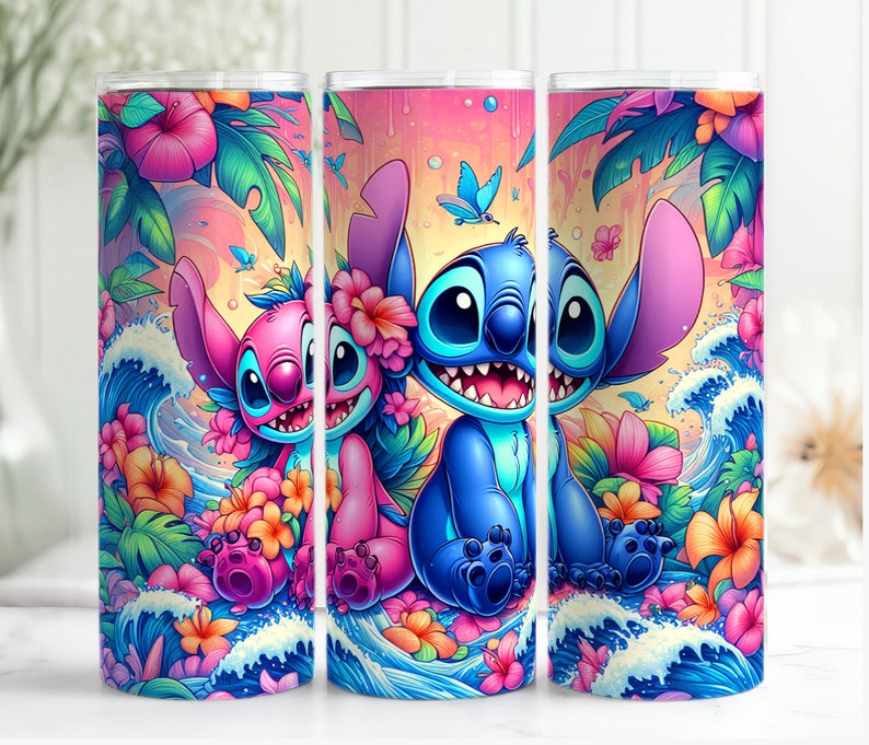 May include: A set of three tall, cylindrical tumblers featuring a vibrant tropical design. The artwork showcases the characters Stitch and Angel amidst colorful flowers, ocean waves, and lush foliage in shades of pink, blue, and green.