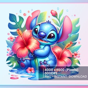 Stitch Hibiscus Floral Watercolor Splash Png, Cartoon Graphics and Artwork, Rainbow Aesthetic, PNG Digital File Instant Download
