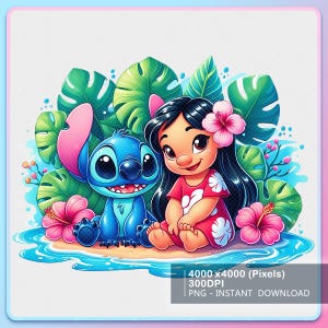 Lilo Stitch Summer Vibes Watercolor Splash Png, Stitch Floral Png,Cartoon Rainbow Aesthetic,300Dpi High Resolution PNG,Digital File Download
