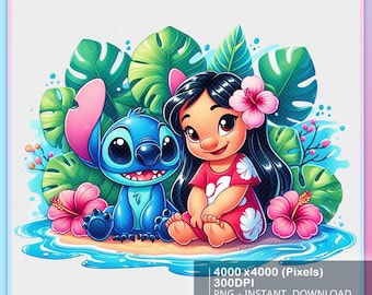 Lilo & Stitch Summer Vibes Watercolor Splash PNG, Stitch Floral PNG, Cartone animato arcobaleno estetico, PNG ad alta risoluzione a 300 dpi, Download di file digitali