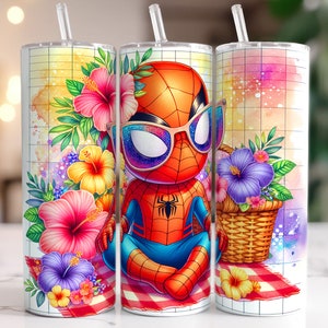 May include: A clear tumbler with a red, blue, and black cartoon superhero character wearing sunglasses. The tumbler has a white background with a checkered pattern and floral designs.