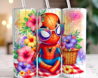 Envoltório de copo floral bonito do Homem-Aranha PNG, copo magro de 20 onças, envoltório de copo de super-herói, design de sublimação de copo, envoltório de copo de verão PNG