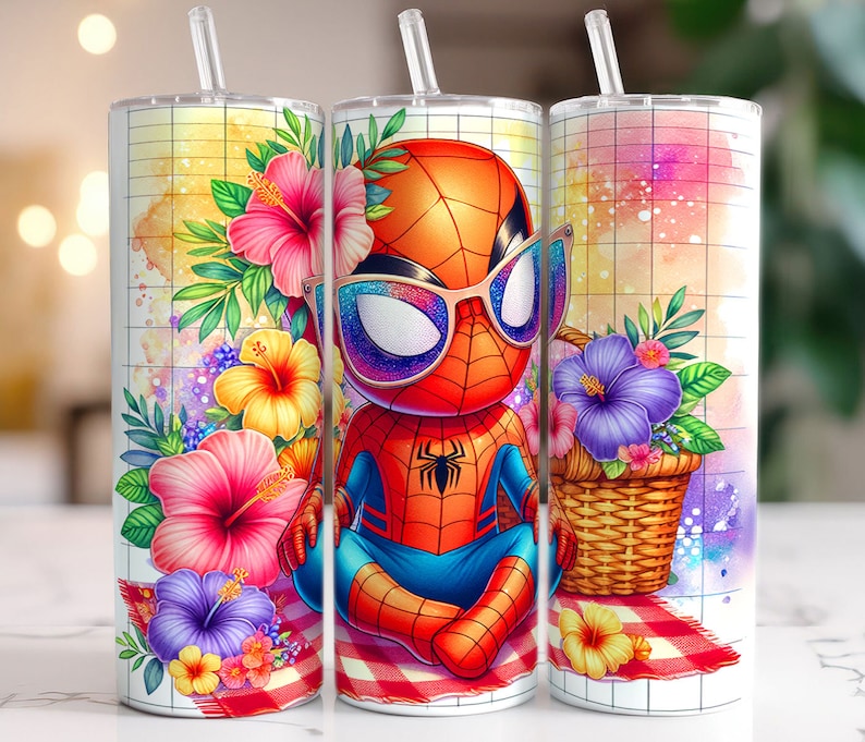 May include: A clear tumbler with a red, blue, and black cartoon superhero character wearing sunglasses. The tumbler has a white background with a checkered pattern and floral designs.