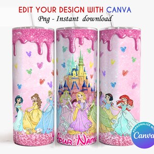May include: Pink glitter tumbler with a pink dripping design. The tumbler features a castle, Disney princesses, and Mickey Mouse balloons. The text "Your Name" is at the bottom of the tumbler.  Personalise with Canva.