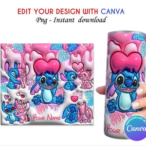 K&ouml;nnte beinhalten: Ein Sublimationsdesign mit Stitch und Angel aus Lilo & Stitch. Das Design ist rosa und blau mit Herzen und einem tropfenden Effekt. Der Text "Your Name" ist im Design enthalten. Dieses Design ist f&uuml;r einen 20 oz Tumbler.