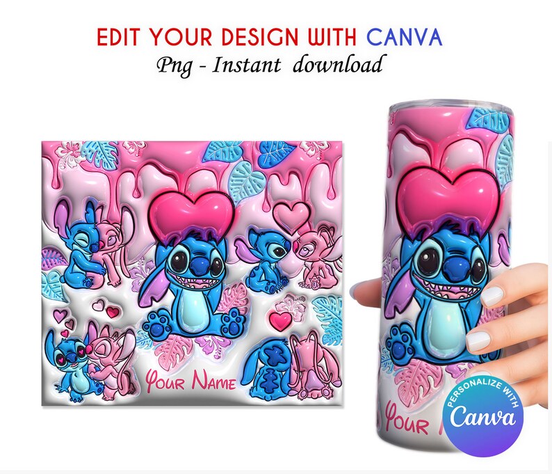 K&ouml;nnte beinhalten: Ein Sublimationsdesign mit Stitch und Angel aus Lilo & Stitch. Das Design ist rosa und blau mit Herzen und einem tropfenden Effekt. Der Text "Your Name" ist im Design enthalten. Dieses Design ist f&uuml;r einen 20 oz Tumbler.