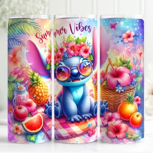 May include: A set of three 20 oz. stainless steel tumblers with a colorful, whimsical design. Each tumbler features a cartoon character with sunglasses, surrounded by tropical flowers, fruit, and the text "Summer Vibes."