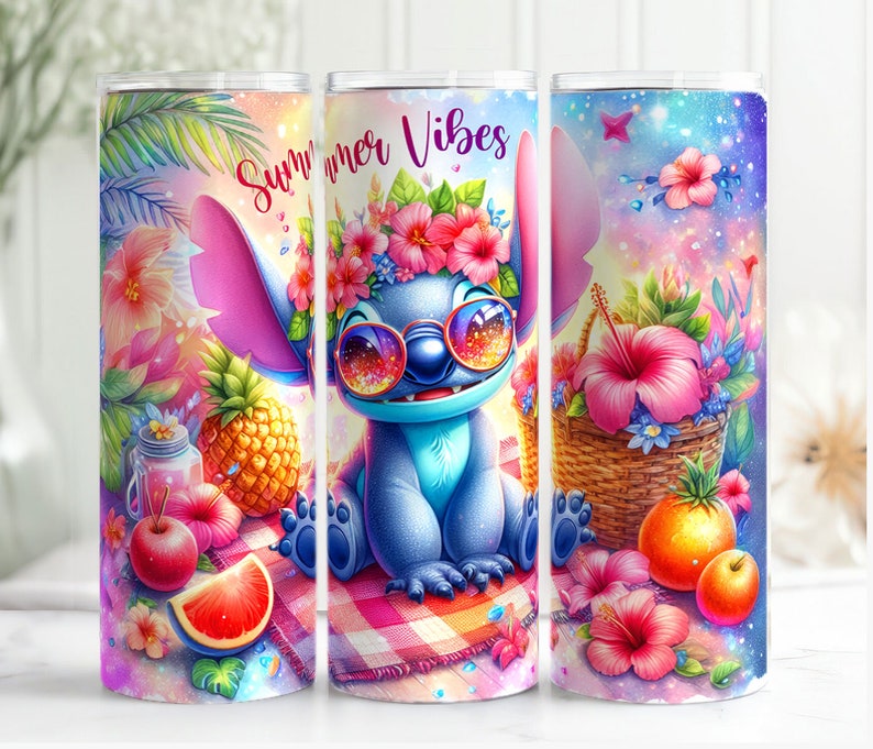 May include: A set of three 20 oz. stainless steel tumblers with a colorful, whimsical design. Each tumbler features a cartoon character with sunglasses, surrounded by tropical flowers, fruit, and the text "Summer Vibes."