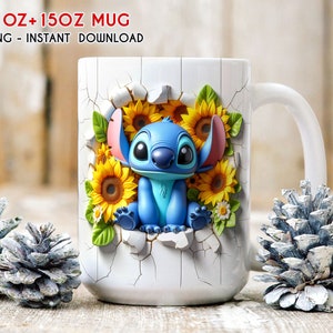 May include: White ceramic mug featuring a blue cartoon character emerging from a cracked wall, surrounded by sunflowers. The mug has a white handle and the text "11OZ+ 15OZ MUG PNG - INSTANT DOWNLOAD".
