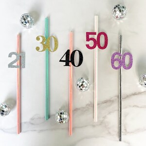 Milestone Birthday Party Celebration Drink Straws, Glitter 21st Birthday Straws, 30th Birthday Straws, 40th Birthday Straws, SET OF 12