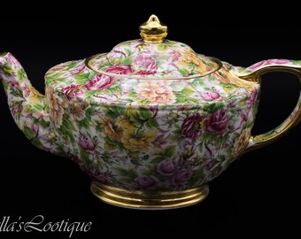 Rare Vintage Sadler Chintz Teapot Peach Yellow Pink Roses Green Leaves Heavy Gold Trim Tea Pot Staffordshire England