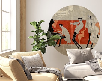 Jazz Musicians Circle Sticker, Removable Circle Decal, Wall Decor, Circle Wall Decal, Peel and Stick Round Wallpaper, Geometric Wall Art