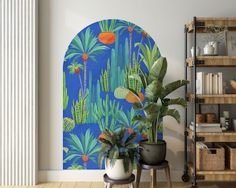 Tropical Blue Wall Decal, Exotic Plants Peel and Stick Arch Wallpaper, Headboard Wallpaper, Office Wall Sticker, Boho Wall Decal #33