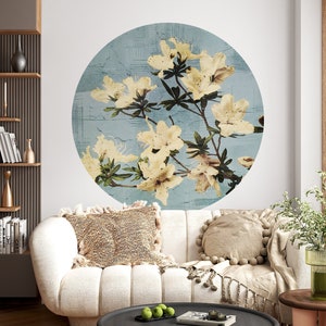 Adesivo da parete fiori bianchi, decalcomania cerchio rimovibile, decorazione della parete della stanza, decalcomania della parete del cerchio, buccia e bastone, autoadesivo, arte della parete geometrica