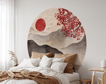 Asian Landscape Wall Sticker, Removable Circle Decal, Headboard Wall Decal, Circle Wall Decal, Peel and Stick, Geometric Wall Art