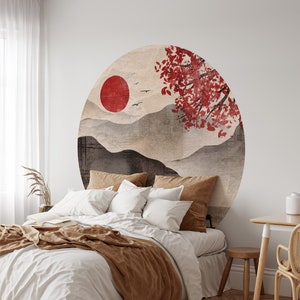 Asian Landscape Wall Sticker, Removable Circle Decal, Headboard Wall Decal, Circle Wall Decal, Peel and Stick, Geometric Wall Art