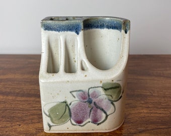Studio Art Pottery Desk Organizer | Artist Stamped Ceramic Pen and Pencil Holder with Flower Design | Multiple Compartments | Gift Idea
