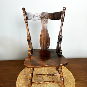 Vintage 12” Carved Wood Doll Chair | Plant Stand with Spindled Legs & T Back Design | Collectible Doll Furniture | Wood Décor | Retro Gift