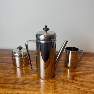 Midcentury Modern Atomic Tea Set | Silverplated Coffee Pot, Creamer & Sugar Bowl | Art Deco Style Christopher Dresser Inspired Kitchenware