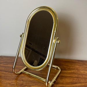 Vintage Brass Tone Adjustable Brass Tone Oval Vanity Mirror | Makeup Table Mirror | Metal Tilting Mirror | Mid Century Modern | Gift Idea