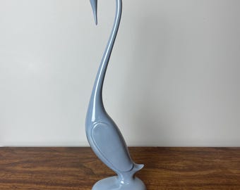 Vintage Mid Century Modern Light Blue Ceramic Crane Figurine | Tall Long Neck Glossy Bird Statue | Vintage Vignette Decor | Rare Gift Idea