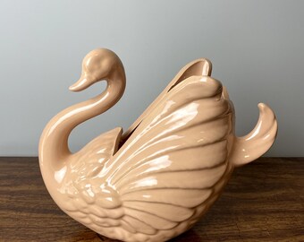 Vintage Peach Swan Ceramic Vase | 1960s Decorative Bowl Trinket Dish | or Garden Planter | Shabby Chic Decor | Indoor & Outdoor Glazed Vase