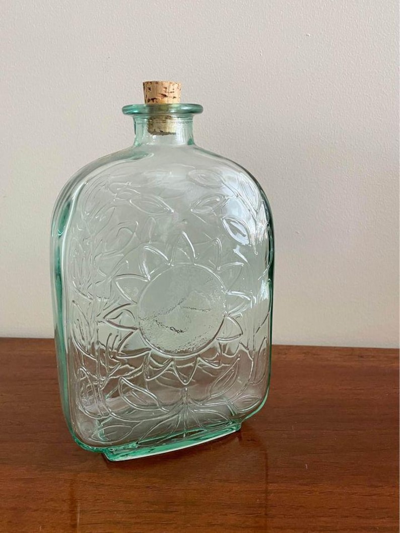 Vintage Light Sage Green Glass Bottle With Cork Lid Sunflower Pattern ...