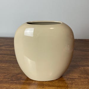 May include: A smooth, off-white ceramic vase with a rounded oval shape.