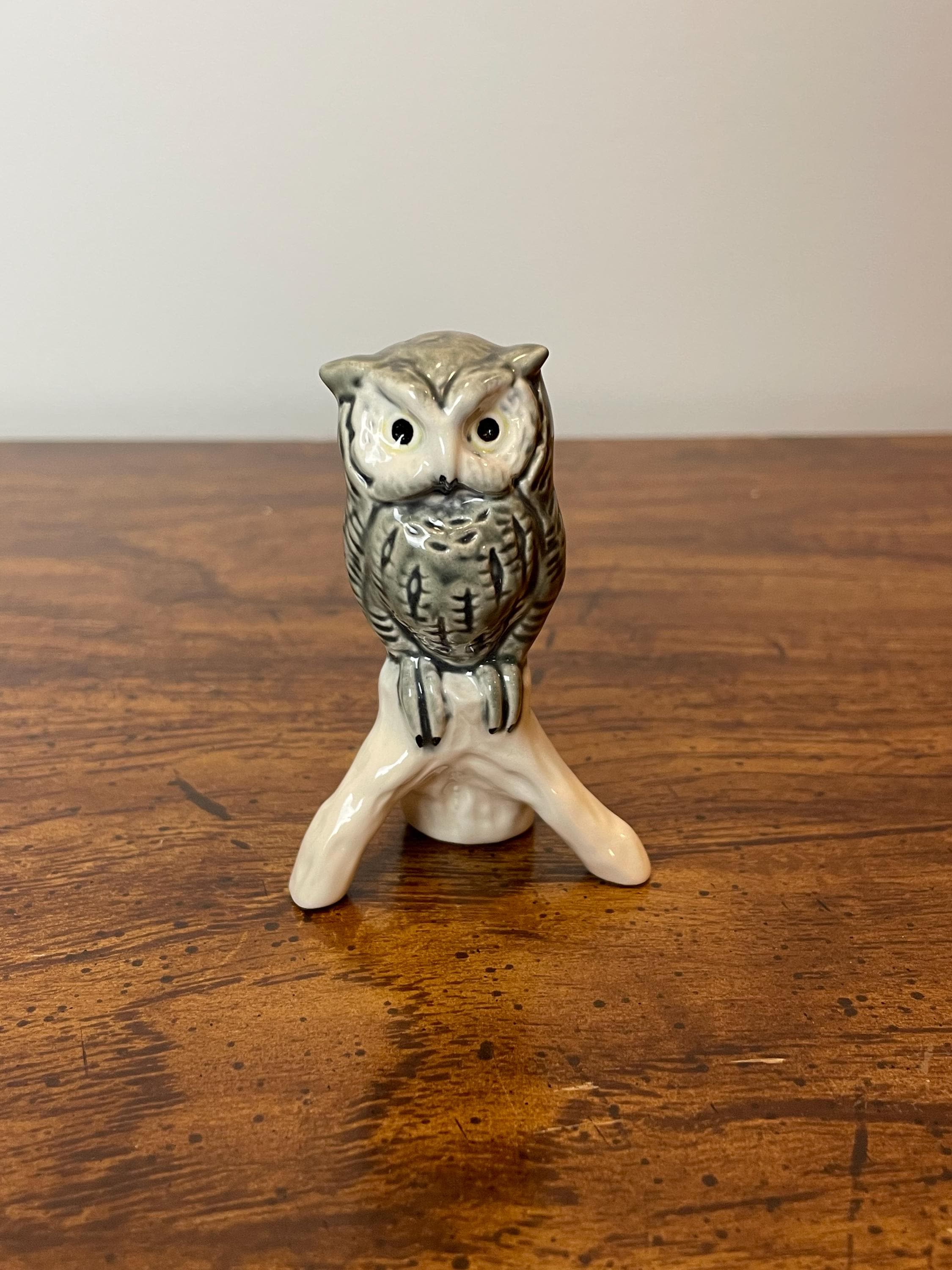 Vintage Goebel West Germany Gray Owl Figurine on Cream Branch | Porcelain Animal Sculpture | Ceramic