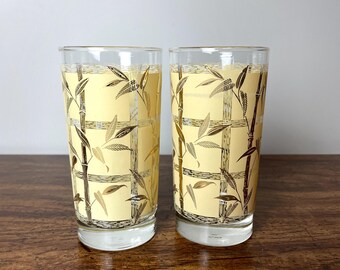 Vintage Gold Leaf Libbey Glassware | Bamboo Design Drinking Glasses (Set of 2) | Mid-Century Barware | Housewarming Gift | Retro Glass Set