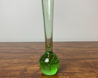 Sweet Vintage Green Glass Bud Vase w/ Controlled Bubbles | Scandinavian Style Vase with Heavy Bubbled Base | Vintage Bud Vase | Gift Idea