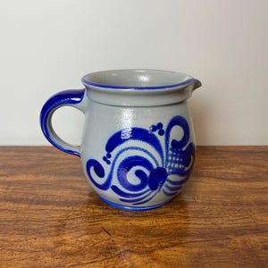 Vintage Handarbeit Salt Glazed Ceramic Pitcher w/ Handle | German Heavy Pottery Jug | Grey & Blue Stoneware | Housewarming Gift Idea