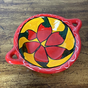 Vintage Ceramic Southwest Hand-Painted Chili Pepper Small Serving Bowl | Mexican Clay Pottery Salsa Bowl w/ Handles | Retro Gift Idea