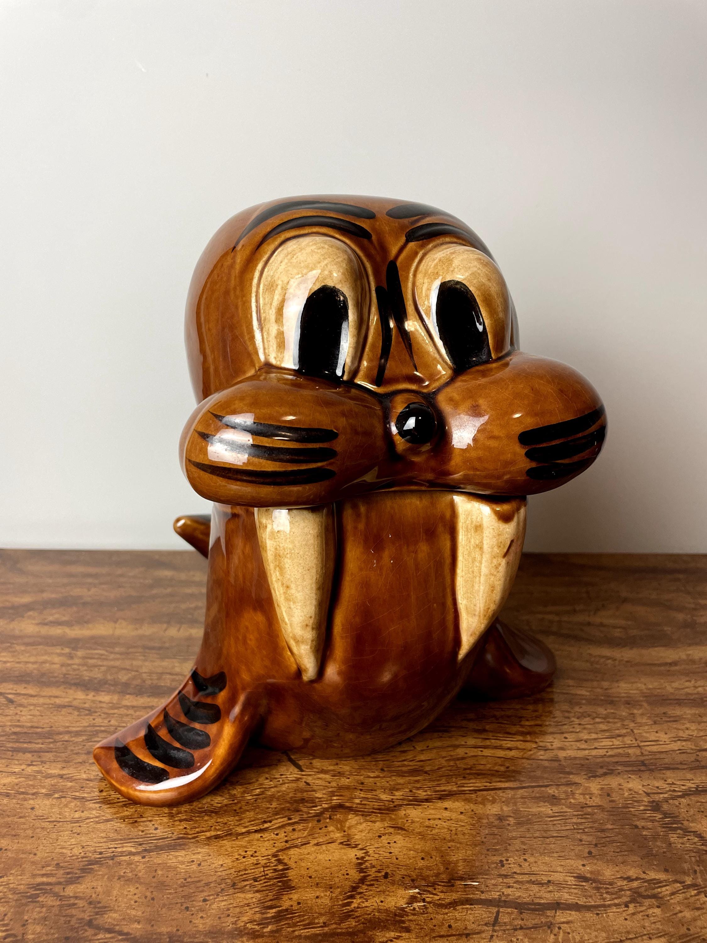 Vintage 60s Wally the Walrus Ceramic Cookie Jar | Mid-Century Collectible Kitchenware | Adorable Animal Design | Retro Cookie Storage | Gift