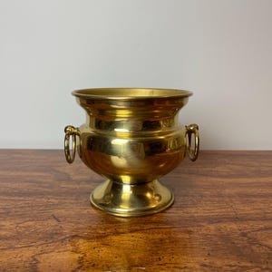 May include: A small, gold-coloured brass planter with two ring handles on the sides. The planter has a round base and a slightly flared top.