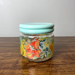 Vintage 80s Glass Storage Jar with Fruit Design | Kitchen Canister with Blue Plastic Lid | Made in Indonesia | Glass Pantry Jar | Gift Idea