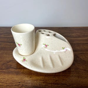 Vintage Ceramic All-In-One Bathroom Toothbrush, Toothpaste, Cup, & Soap Holder | Vintage Bathroom Accessories | Floral Design | Gift Idea