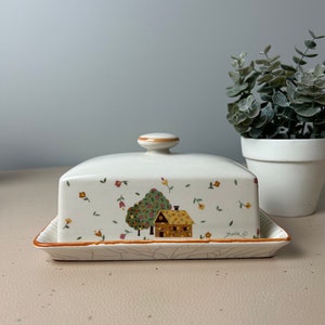 Vintage Calico Cottage Sanyei Crackled Butter Dish by David Davir | Rare Japan Ceramic Collectible