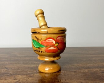Vintage Wooden Mortar and Pestle with Hand-Painted Floral Design | Rustic Spice Grinder | Folk Art Garlic Press | Primitive Kitchen Decor