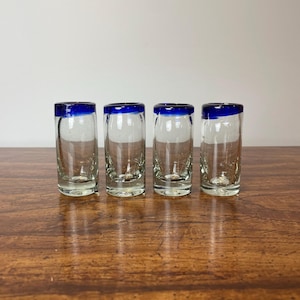 Vintage Set of 4 Cobalt Blue Rim Shot Glasses | 2oz Mexican Tequila Mezcal Glasses | Hand Blown Bubble Glass Shot Set | Sweet Gift Idea