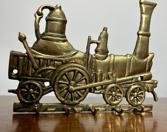 Vintage Gold Tone Brass Train Key Holder | Wall Hanging Entryway with 5 Hooks | Retro Key Organizer | Elegant Key Rack Functional Wall Decor