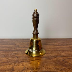 Vintage Solid Brass Hand Bell | Wood Handled School Bell | Dinner Bell | Brass Bell | Made in England | Rare Find | Gift Idea | Imperfect**