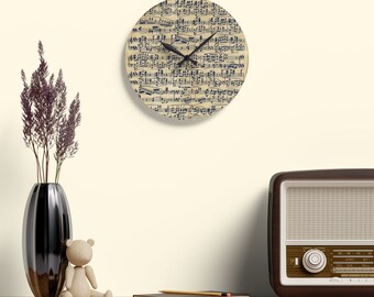 Reloj de pared acrílico con partituras vintage: decoración para salas de música