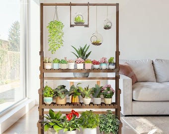 Heavy Duty Hanging Plant Stand, Multiple Wood Flower Potted Rack Planter Shelving Unit for Indoor Outdoor