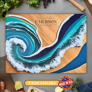 Personalized Glass Charcuterie Board, Epoxy River Resin Cutting Custom Olive Wood Style Chopping Board, Blue Shade Ocean Wave Cheese Tray