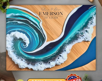 Personalized Glass Charcuterie Board, Epoxy River Resin Cutting Custom Olive Wood Style Chopping Board, Blue Shade Ocean Wave Cheese Tray