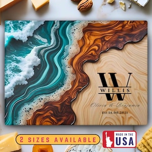 May include: Rectangular wooden serving board with a beach-themed design. The top left features a turquoise and white wave pattern, transitioning to a brown wood grain. The board is personalized with the name "Willis" and the date "Est 14.08.2021".