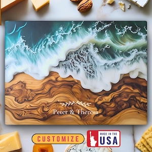 Personalized Glass Cutting Board, Ocean Resin Chopping Board Serving Tray, Wedding, Anniversary & Housewarming Gift | Coastal Kitchen Decor