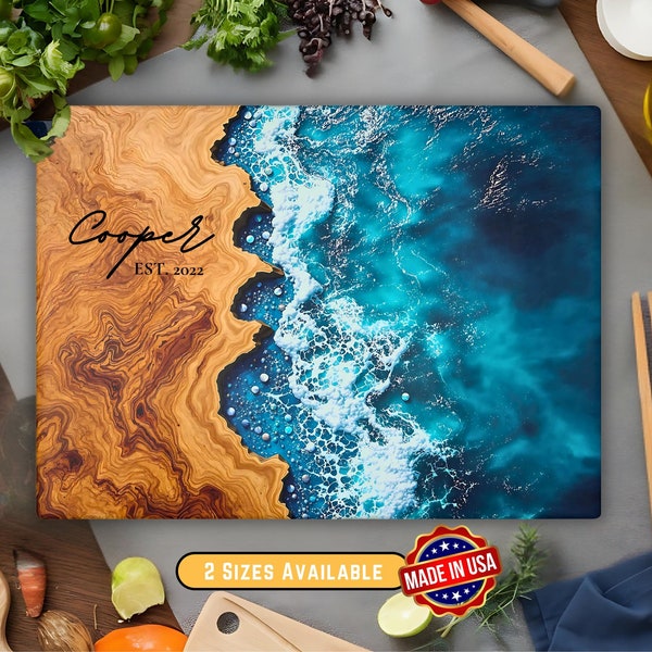 Personalized Glass Charcuterie Board Gift, Epoxy River Resin Cutting Serving Board Design, Olive Wood Blue Ocean Beach Pearl Kitchen Decor